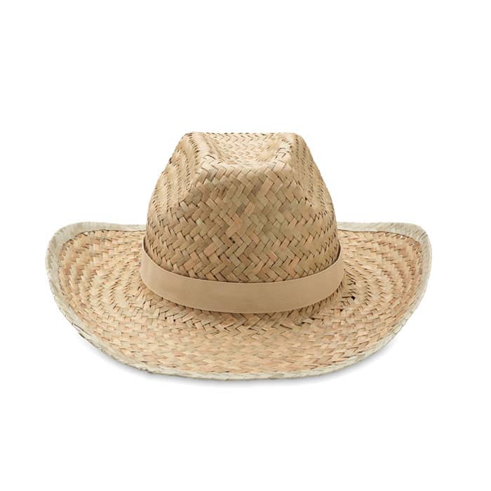 A straw cowboy hat in natural tones with a beige band, featuring a wide brim and a textured weave.