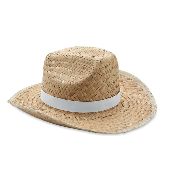 A straw hat with a wide brim and a white ribbon band, featuring a natural tan colour.