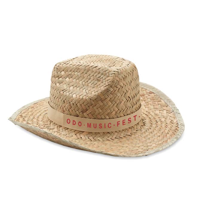 A straw hat with a wide brim and a decorative band, featuring a logo, in a natural beige colour.