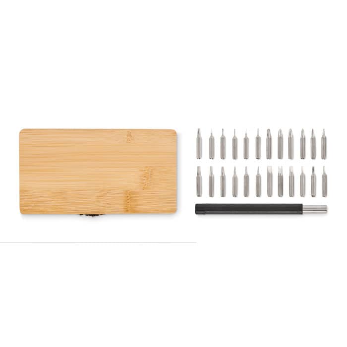 A bamboo tool kit containing a wooden case, a screwdriver handle, and various metal screwdriver bits.