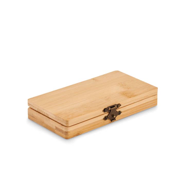 A bamboo storage box with a brass clasp, featuring a smooth finish and a rectangular shape.