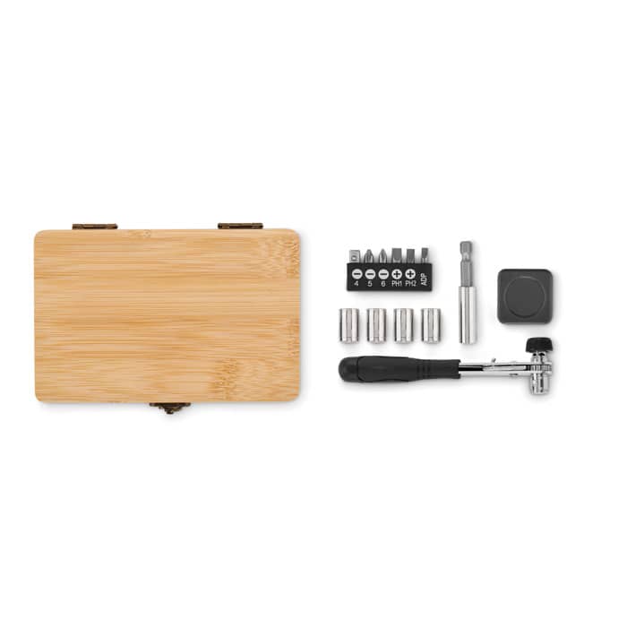 A bamboo tool box containing a ratchet handle, sockets, and various bits. The box has a simple wooden design.