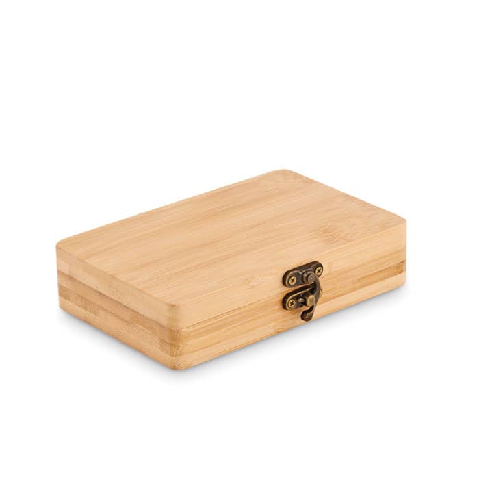 A bamboo box with a hinged lid and a decorative metal clasp. The surface is smooth and natural in colour.