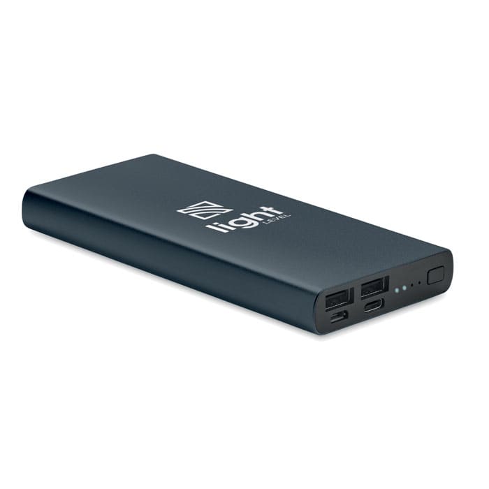 A portable power bank in dark blue, featuring two USB ports and indicator lights, with a logo on the surface.