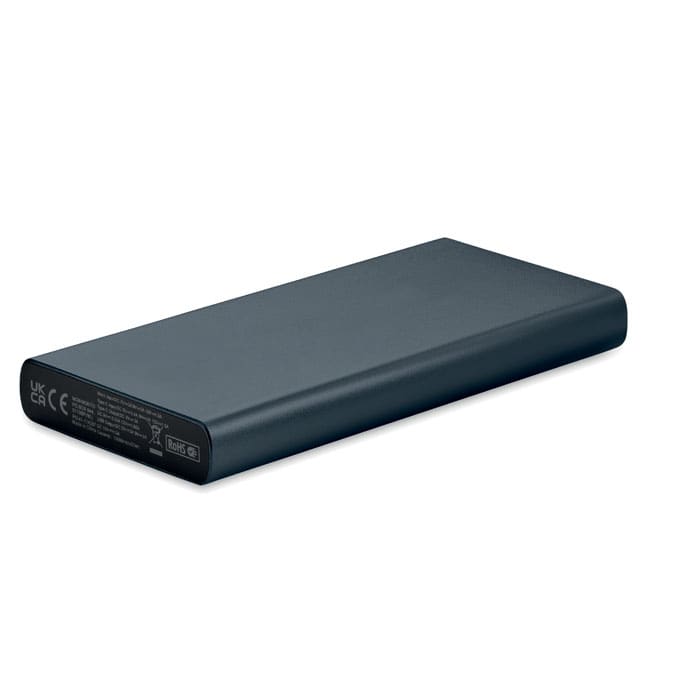 A power bank in a dark grey colour with a slim, rectangular design and a branding logo.