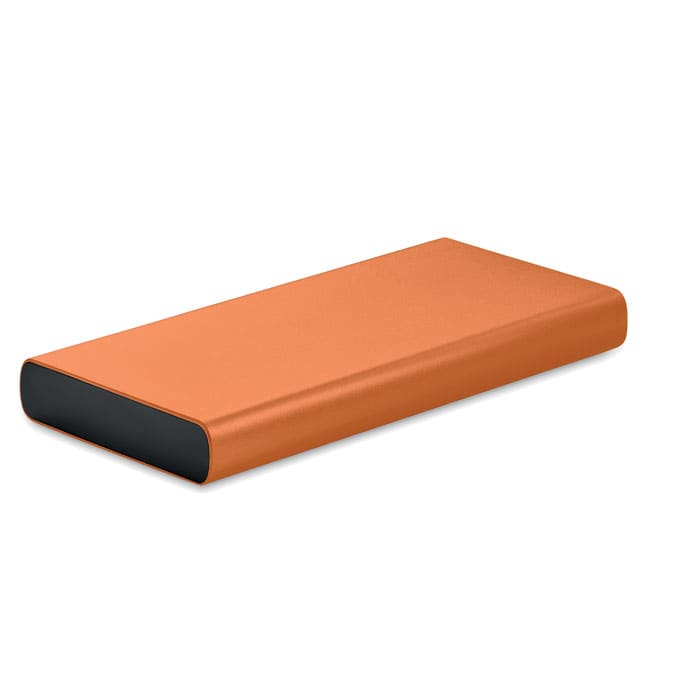 A power bank in vibrant orange with a sleek black base and a smooth surface. It features a branding logo.