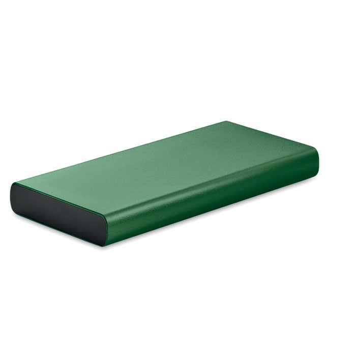 A green rectangular portable charger with a black underside, featuring a sleek, smooth design.