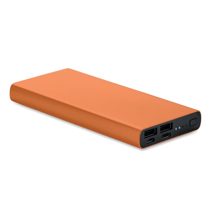 A power bank in bright orange, featuring multiple USB ports and a sleek design.
