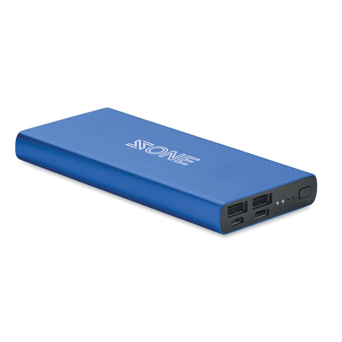 A blue power bank with two USB ports and one USB-C port, featuring a logo on the side.
