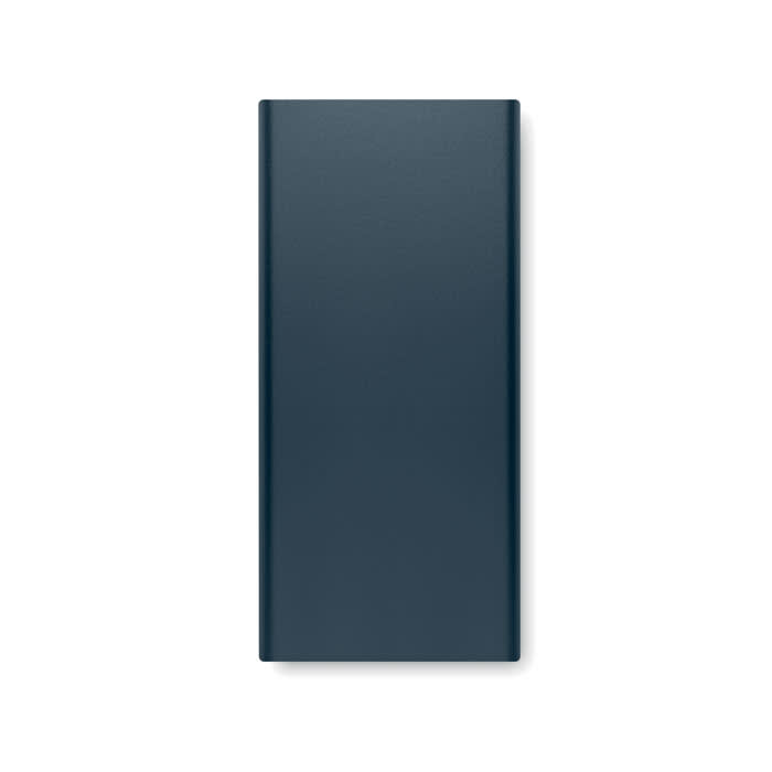 A drink bottle in a sleek, dark blue design featuring a minimalist appearance and a branding logo.
