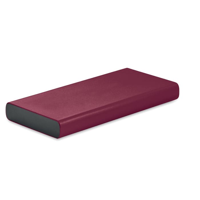 A maroon powerbank with a smooth surface and rounded edges, featuring a black back. It has a branding logo.