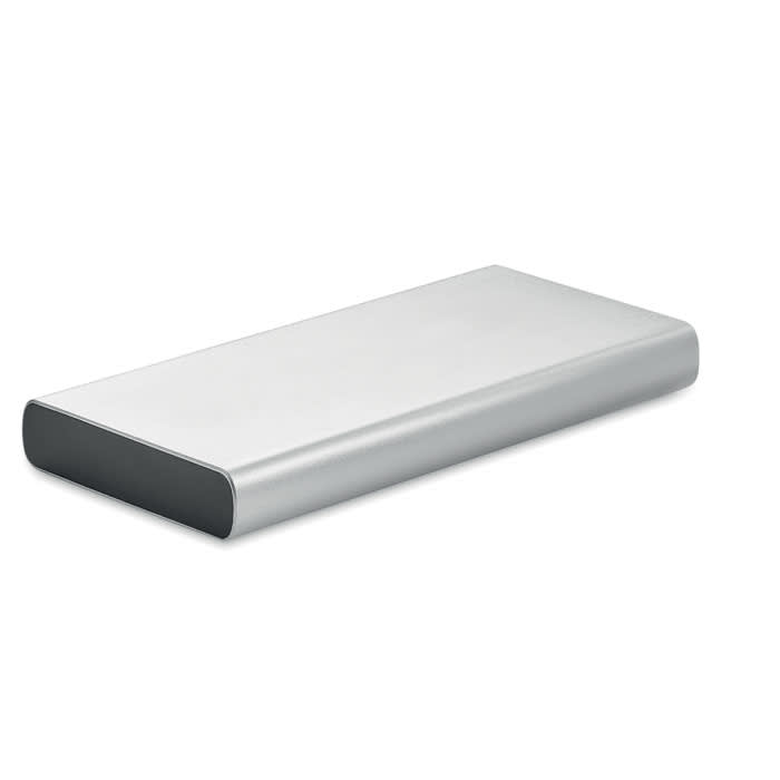 A power bank in silver with a black base, featuring a sleek, rectangular design and a logo.