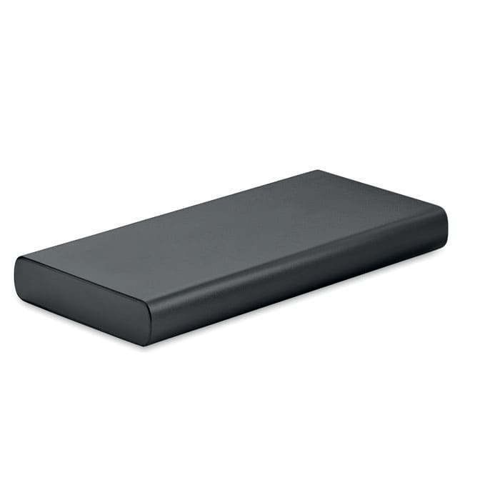 A rectangular power bank in a sleek black design with a smooth finish and rounded edges. It features a logo on one side.