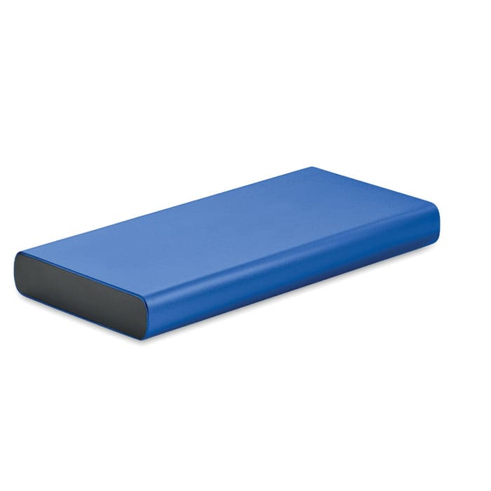 A blue power bank with a sleek design and a black base, featuring a minimalistic style and a logo.