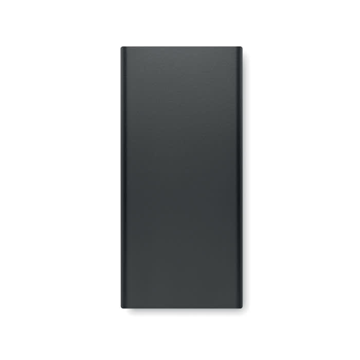A sleek, rectangular black power bank with a minimalist design and a subtle logo.