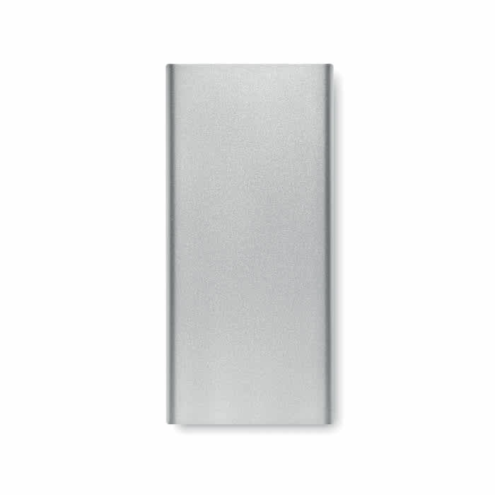 A silver drink bottle with a sleek, flat design and a visible logo feature.