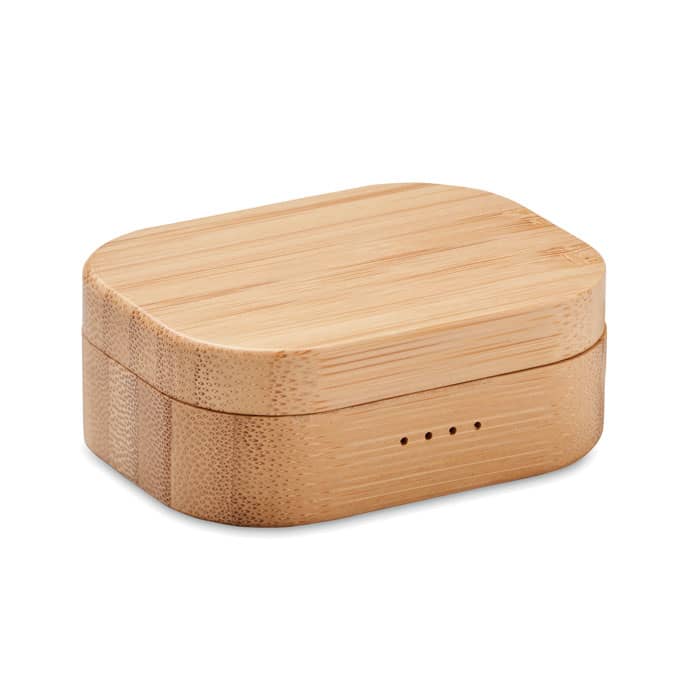 A bamboo box with a smooth, rounded top and visible charging indicators, showcasing a natural wood grain finish.