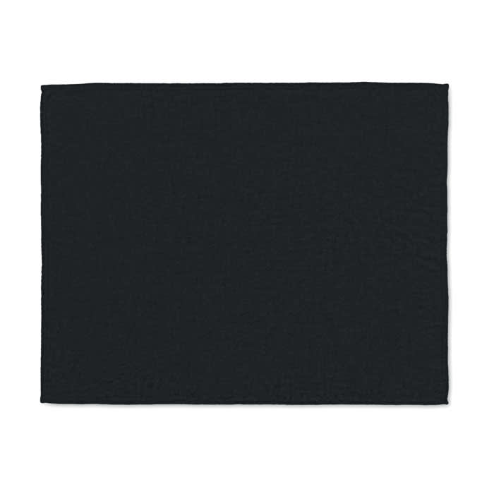 A black promotional blanket with a textured fabric, featuring a simple design and a logo in one corner.