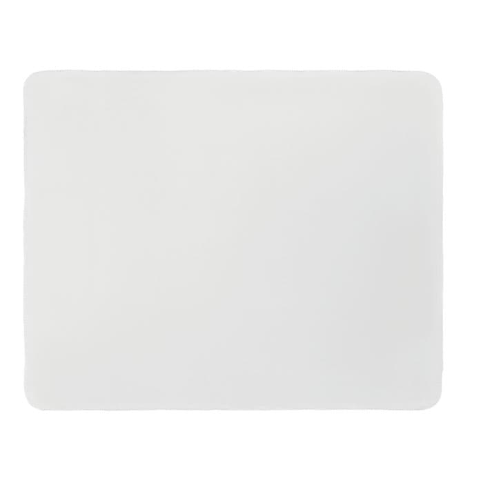A rectangular white placemat with rounded corners, featuring a smooth surface and a simple design.