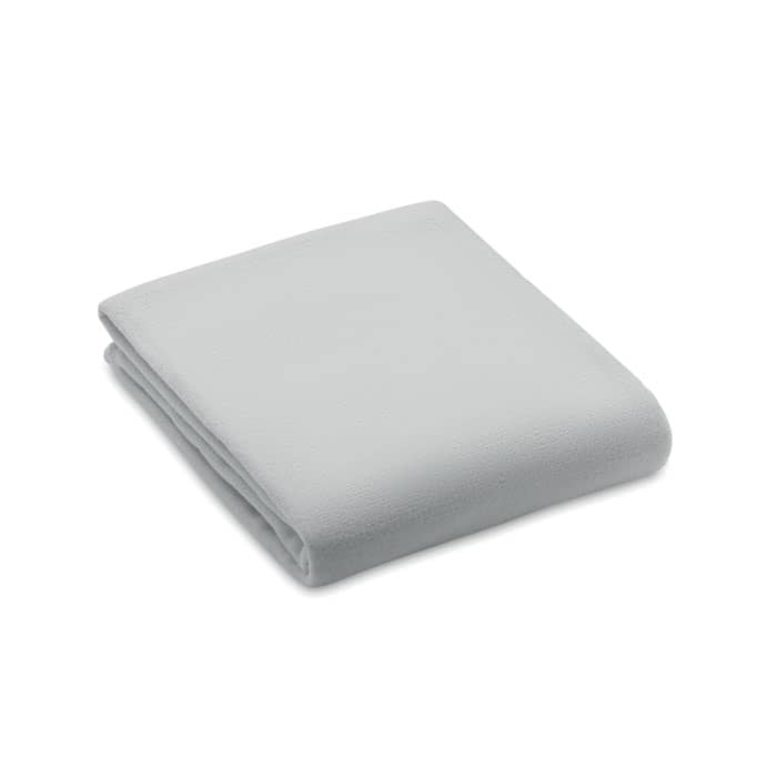 A folded fleece blanket in a soft grey colour, featuring a simple design without any visible logos or patterns.