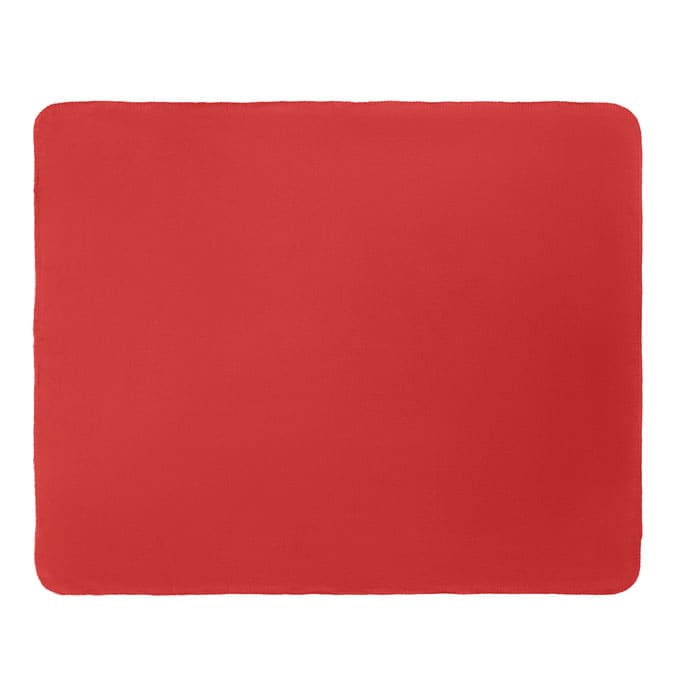 A red placemat featuring a smooth surface, square shape, and rounded corners. It has a simple, solid design.