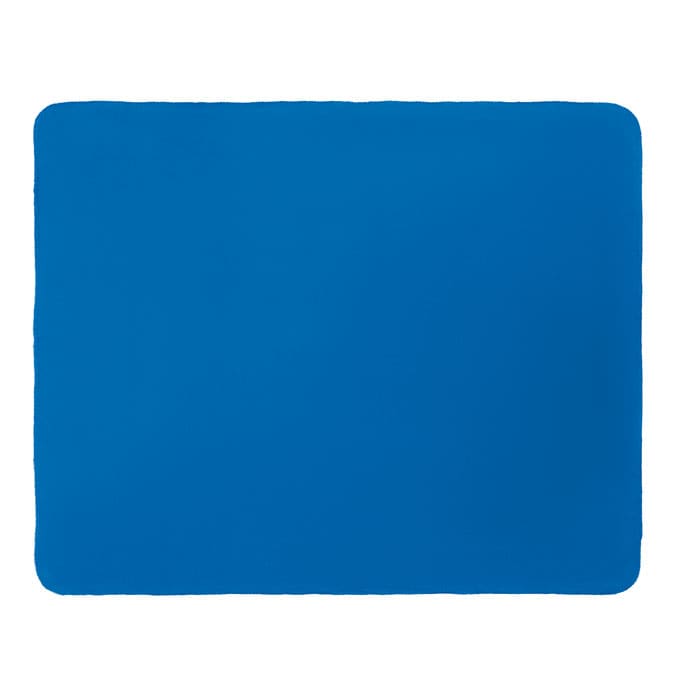A blue promotional product with a smooth surface and rounded corners, featuring a logo.