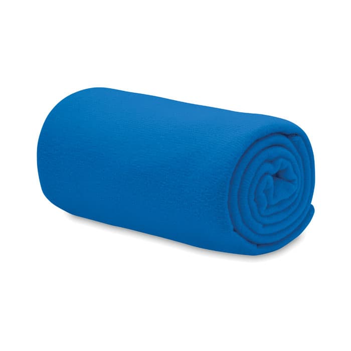 A rolled blue fleece blanket with a smooth texture, featuring a simple design without any visible logos.