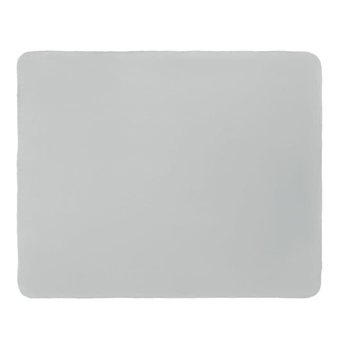 A grey mouse pad with rounded corners, featuring a smooth surface and a slightly matte finish.