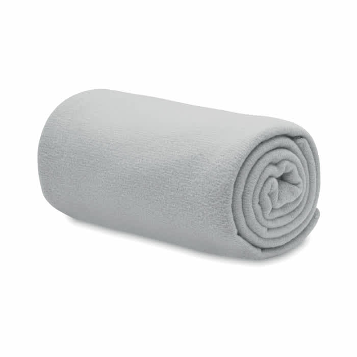 A rolled-up grey blanket made of soft fabric, showcasing a smooth texture and cylindrical shape.