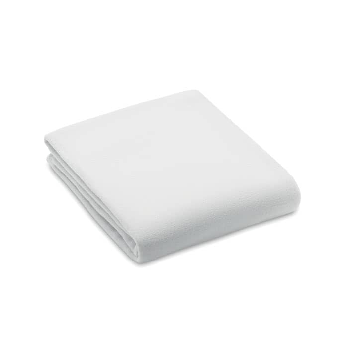A folded white blanket made from soft fabric, neatly arranged. It features a smooth texture and a simple design.