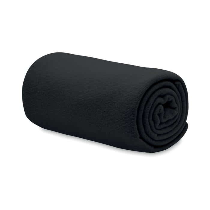 A rolled black blanket made of soft fleece material, featuring a simple design without any visible branding.