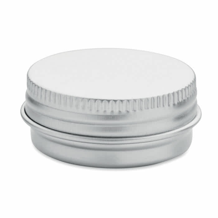 A silver tin container with a ridged edge and a flat top, featuring a secure lid.