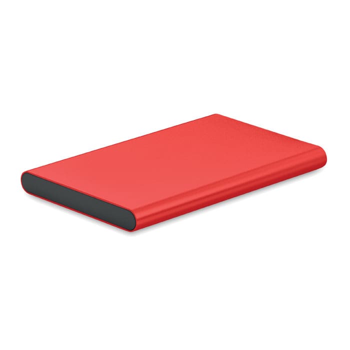 A power bank in vibrant red with a sleek black base, featuring a minimalist design.