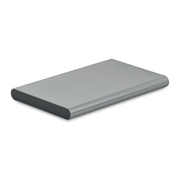 A sleek, rectangular power bank in silver and dark grey, featuring a minimalist design and rounded edges.