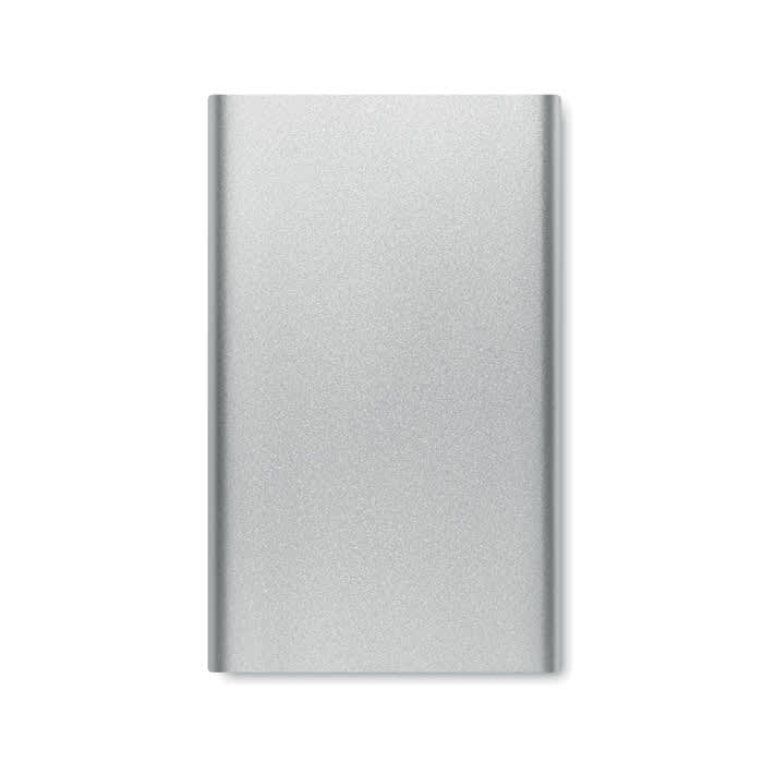 A silver promotional product with a sleek, flat rectangular design. It features a logo or branding.