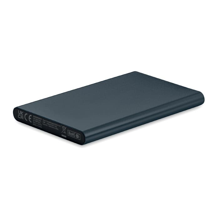 A portable power bank in dark blue, featuring a sleek, flat design and a branding logo on one side.