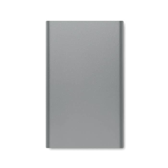 A sleek, silver rectangular power bank featuring a minimalist design and a logo on the surface.
