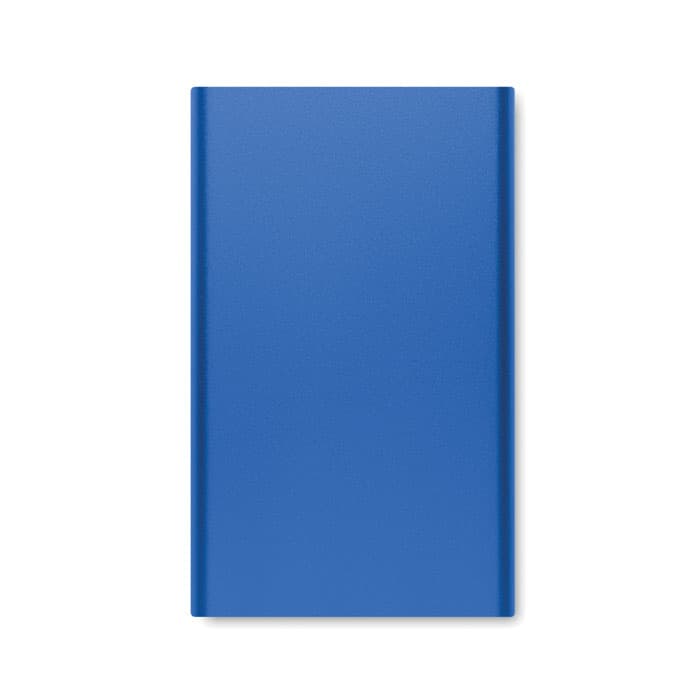 A blue promotional notebook featuring a smooth cover and no visible text or graphics. It has a branded logo.