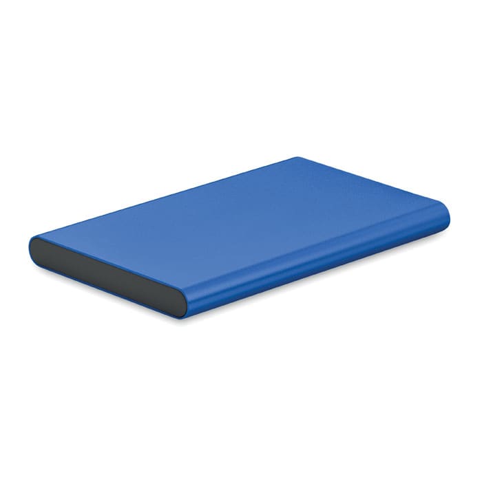 A power bank in a sleek blue design with a smooth black edge and a small logo.