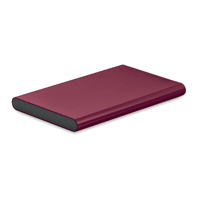 A power bank in a deep burgundy colour, featuring a sleek and slim design with a black underside.