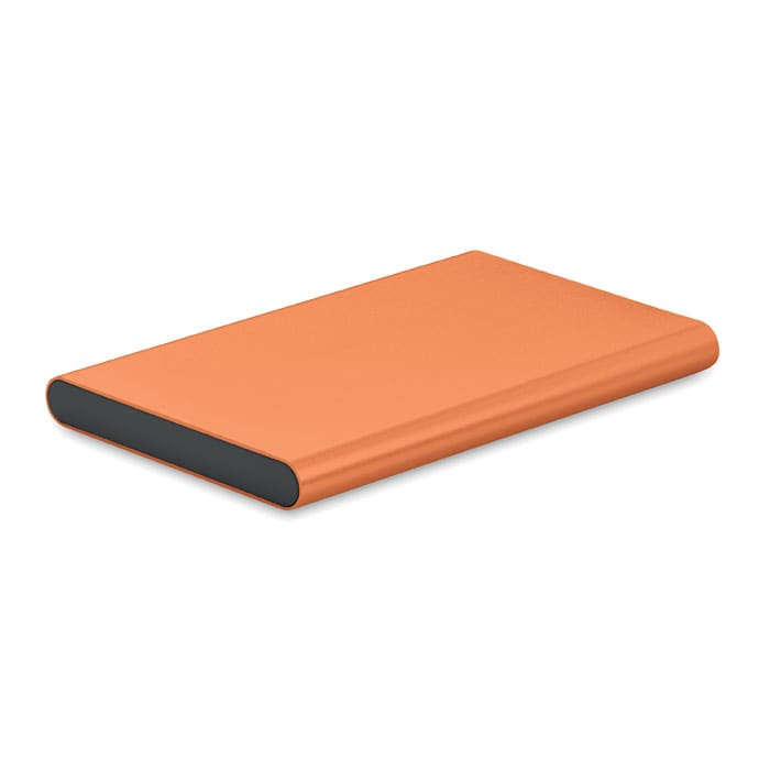 An orange power bank with a sleek, flat design and a black base, featuring a logo.
