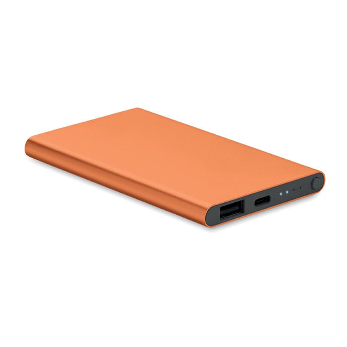 An orange power bank with a slim design, featuring USB ports and indicator lights.