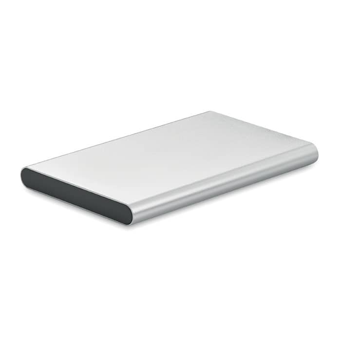 A sleek silver portable charger with a black base, featuring a minimalist design and smooth edges.