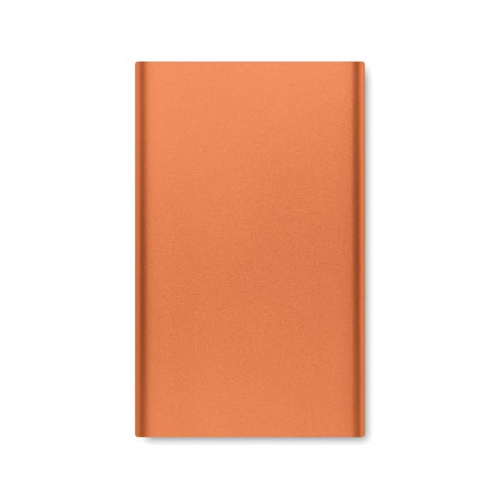 An orange, slim promotional product with a smooth finish and a branding logo on the surface.