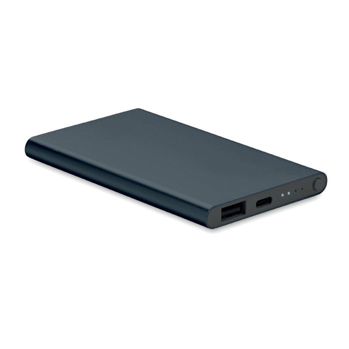 A power bank in dark blue with two USB ports and indicator lights on one side.