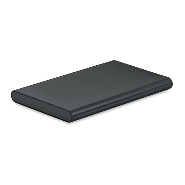 A sleek black promotional product with a flat design. It features rounded edges and a smooth surface.