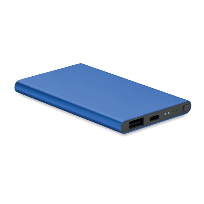 A power bank in vibrant blue, featuring USB ports and indicator lights. Smooth, slim design with a minimalist look.