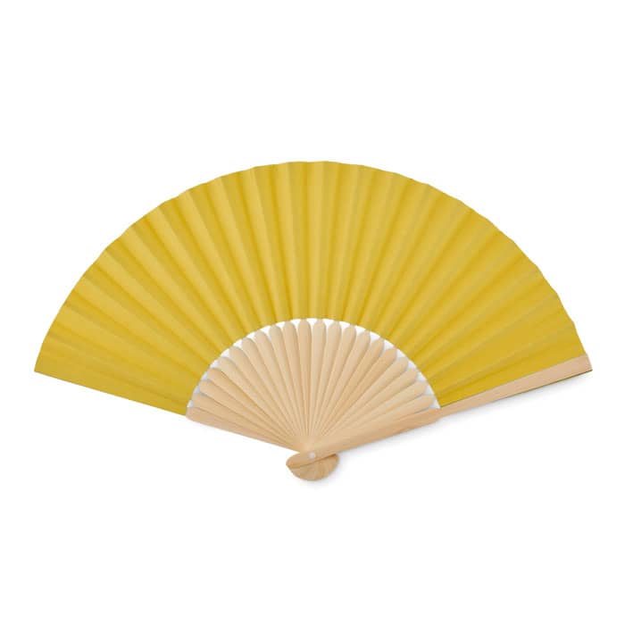 A foldable fan with a yellow fabric surface and a wooden handle. It features a simple design.