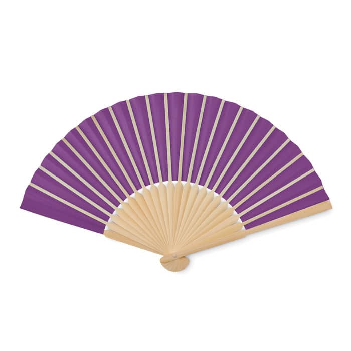 A folding fan with wooden spokes and vibrant purple fabric. Features a simple design and has a logo present.
