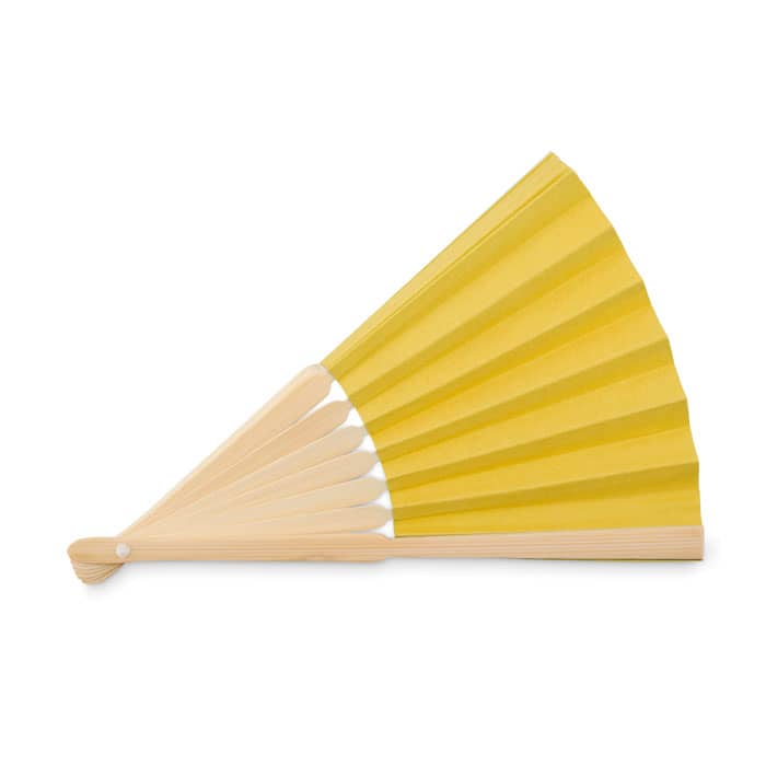 A yellow folding fan with wooden ribs and a round handle, featuring a simple design.